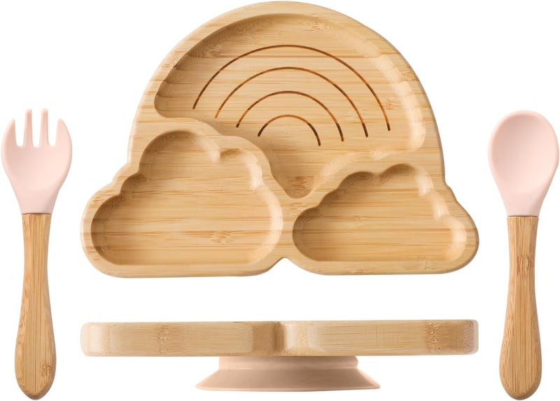 let's make Bamboo Suction Plate for Baby Kid Toddler Plate Spoon Fork Set with Removable Silicone Suction All-Natural Baby Feeding Set for Baby-Led Weaning Fits Feeding High Chair Table - Image 1